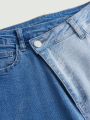 SHEIN Women'S Y2k High Street Slim Fit Comfortable Color Block Splicing Medium Blue Wash Flare Jeans, Elastic