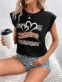 SHEIN LUNE Women's Heart Leopard Print Round Neck T-Shirt