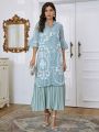 Floral Embroidery Split Tunic With Pleated Hem Dress