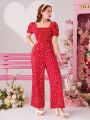 SHEIN Teen Girls' Knitted Heart Pattern Square Neck Bubble Sleeve Jumpsuit