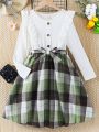SHEIN Kids HYPEME Tween Girls' Checked Dress With Bow Decoration