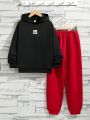 SHEIN Kids EVRYDAY Boys' Casual Hoodie With Letter Badge & Knitted Pants, 2pcs/set