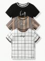 SHEIN Kids EVRYDAY 3pcs/Set Young Boys' Casual, Comfortable, Fashionable, Simple, Practical, Versatile, Plaid, Color Block, English Printed T-Shirts, Suitable For Spring And Summer