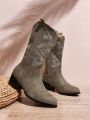 SHEIN VCAY New Arrival Embroidery & Rhinestone Decorated European And American Style Pointed Toe Women's Mid-calf High Heel Boots
