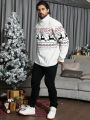 Extended Sizes Men Plus Christmas Elk & Geo Pattern Turtle Neck Sweater