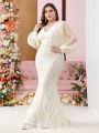 SHEIN Belle Plus Size Embroidered Beaded Dress With Bubble Sleeves And Fish Tail Hemline For Evening Party