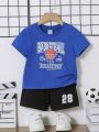 SHEIN Basketball & Letter Pattern Short Sleeve T-Shirt And Shorts Outfits Set For Baby Boy, Casual Sports Style