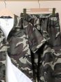 SHEIN 3pcs/Set Tween Boys' Loose Round Neck T-Shirt, Camo Shirt And Elastic Hem Long Pants Set