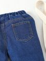 Baby Girls' Basic Leisure Elastic Waistband Soft Denim Tapered Pants With Button Front Details, Medium Blue Wash
