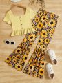 SHEIN Teenage Girl Slim Fit Bell Bottom Pants Casual Outfit With Floral Printed Square Neck Top