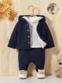SHEIN Baby Boy Solid Button Front Fleece Lined Hooded Jacket & Pants Without Tee