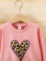 Young Girl Leopard & Heart Print Drop Shoulder Sweatshirt