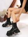Women's Chelsea Motorcycle Boots, New Spring And Autumn Single Boots With Thick Sole And Classic Cylinder Design, Short Boots