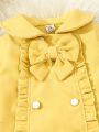 Baby Girl Autumn And Winter Simple And Elegant Bow Double-Breasted Woolen Coat