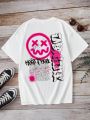 Teen Girls' Casual Cartoon Face Slogan Print Short Sleeve T-Shirt Suitable For Summer