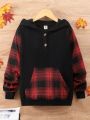 SHEIN Tween Boys' Hooded Sweatshirt With Plaid Patchwork, Buttoned Front