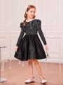 SHEIN Kids CHARMNG Tween Girl Bow Back Gigot Sleeve Glitter Bodice Party Dress