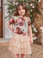 SHEIN Kids FANZEY Young Girl's Floral Print Puff Sleeve Top With Peter Pan Collar And Drop Shoulder