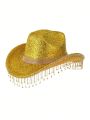 1pc Western Cowboy Hat With Bright Gold Color, Rhinestone & Tassel Decorations, Suitable For Parties, Stage Performance, And Gatherings For Both Men And Women
