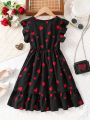 SHEIN Kids EVRYDAY Girls' Heart Pattern Printed Dress With Ruffle Hem, For Kids