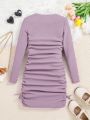 SHEIN Tween Girls' Street Style Knit Solid Color Off Shoulder Long Sleeve Casual Dress