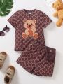 SHEIN Baby Boys' Cartoon Bear Printed Short Sleeve 2pcs Outfit With A Bag