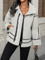 SHEIN Essnce Women's Simple Warm And Fashionable Pu Splicing Jacket