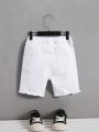 SHEIN Toddler Boys' Ripped Frayed Skinny White Denim Jeans Shorts , For Spring And Summer Toddler Boy Outfits