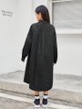 SHEIN Big Girls' Loose Casual Shirt Collar Long Shirt Dress With Embroidered Label And Letter Print