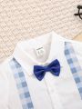 SHEIN Baby Boy's Casual Gentleman Style Plaid Color Block Bowtie Short Sleeve Shirt With Elastic Waist Shorts Set