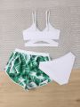 Teenage Girls' Cross Wrapped Solid Color Bikini Set With Tropical Print Swim Shorts