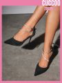 Cuccoo Everyday Collection Rhinestone Decor Point Toe Stiletto Heeled Ankle Strap Faux Suede Pumps