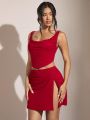 SHEIN BAE Solid Color Draped Neck Top & Pleated Slit Skirt Set