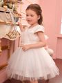 Young Girl Bow Front Mesh Overlay Party Dress
