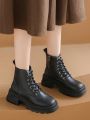Women's Fashionable Korean Style Pu Leather Mid-calf Boots With Thick Soles, Comfortable Soft Bottom And Strap Design, Big Size Available