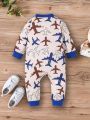 Infant Boys' Long Sleeve Jumpsuits With Airplane Print, Comfortable Climbing Clothes For Baby Boys