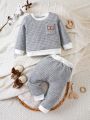 SHEIN Baby Boys' Color Block Sweatshirt And Pants Set With Patch Detail And Contrast Trim