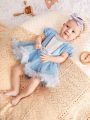 SHEIN Newborn Baby Girls' Puff Sleeve Dress With Bowknot & Mesh Skirt, With Headband 2pcs/Set