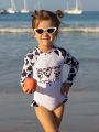 Young Girl's Cow Print Long Sleeve One-Piece Swimsuit With Shoulder Pad