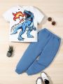 SHEIN Toddler Boys' Casual Comfortable Dinosaur Pattern Short Sleeve Top And Knitted Long Pants Set