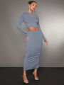 SHEIN BAE Blue Asymmetric Collar Top And Skirt Set