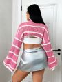 SHEIN X MariajoseGi SHEIN ICON Plus Size Striped Cropped Sweater With Round Neck
