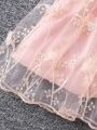 SHEIN Kids CHARMNG Little Girls' Gorgeous Embroidered Tulle Half Skirt With Mesh Patchwork