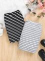SHEIN Kids EVRYDAY Young Girls' Striped Bodycon Skirt Two Piece Set