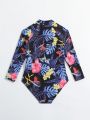 Toddler Girls' Tropical Printed Long Sleeve One-Piece Swimsuit With Front Zipper & Raglan Shoulder