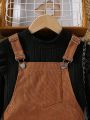 Tween Girl Mock Neck Tee & Pocket Patched Overall Dress