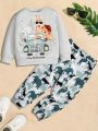 SHEIN Kids QTFun 2pcs/Set Little Boys' Casual College Style, Comfortable, Fashionable, Basic, Soft, Playful And Interesting Animal Pattern Round Neck Sweatshirt And Long Pants. Suitable For Spring, Autumn And Winter