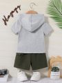 SHEIN Baby Boy's Casual Knitted Letter Print Short Sleeve Hooded Top And Shorts Set