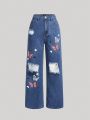 Teenage Girls' Butterfly Print Distressed Jeans