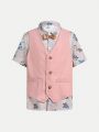 SHEIN Kids FANZEY 4pcs/Set Tween Boys' Elegant Patterned Collared Shirt, Solid Color Vest, Shorts, And Hat Gentleman Suit